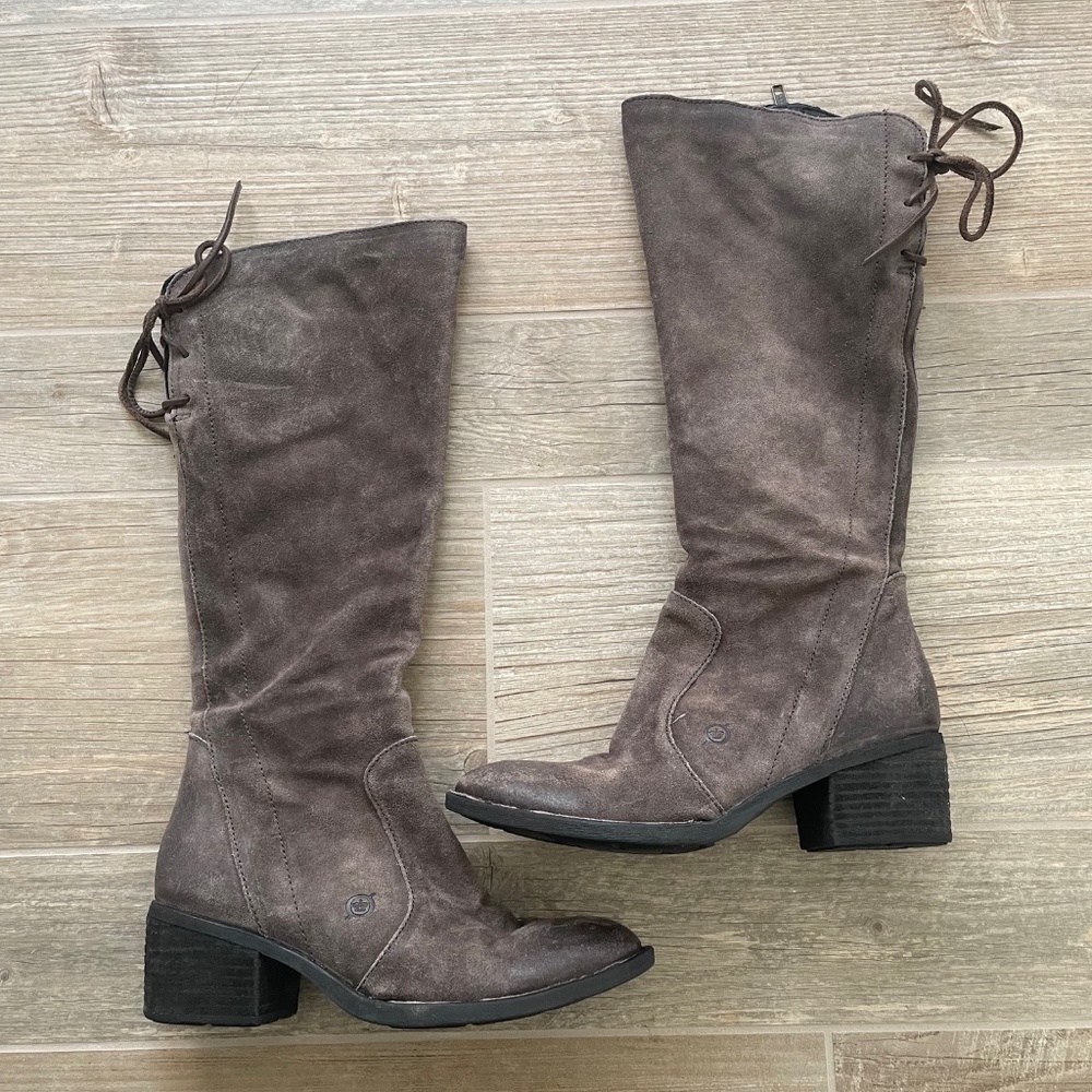 BORN Felicia Grey Distressed Suede Leather Knee High Boot